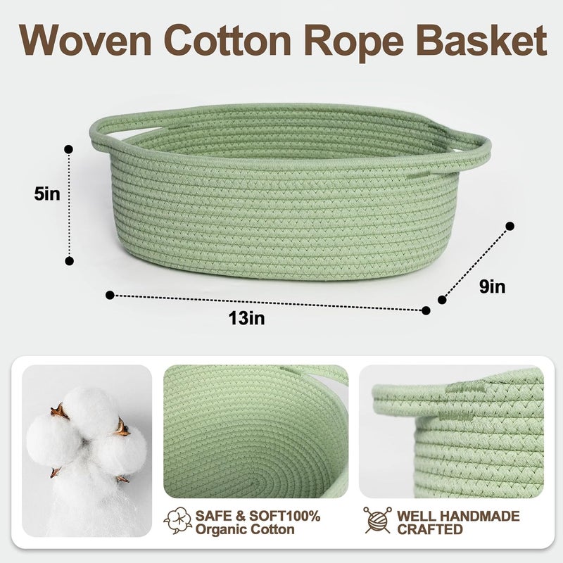 WILLITAT Small Baskets for Gifts Empty, 13"x 9"x 5" Woven Gift Basket with Bag and Ribbon, Cotton Rope Kids Dog Cat Toy Bin Box, Cute Baby Nursery Organizer, Decorative Storage with Handles, Green - Image 3